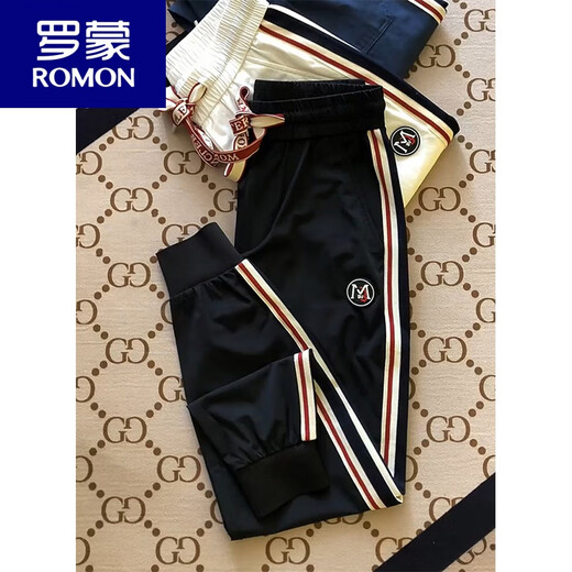 罗蒙（ROMON）夏季薄款冰丝速干条纹拼色字母休闲裤男士潮流百搭运动卫裤束脚裤 白色 36 (180-195斤)