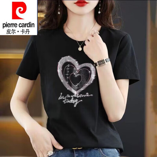 皮尔卡丹（pierre cardin）纯棉短袖t恤女大1码夏装新款时尚烫钻圆领半袖上衣黑色镶钻打底衫 圆领-连环爱心钻-黑色短袖 3524 2XL 适合135-165斤