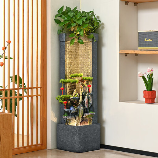 Hougu Decoration Home Rockery, Fish Pond, Waterfall and Flowing Water Ornaments Floor-to-ceiling Living Room Office Feng Shui Lucky Circular Water Curtain Wall Opening Gift Fresh and Elegant Green Plants