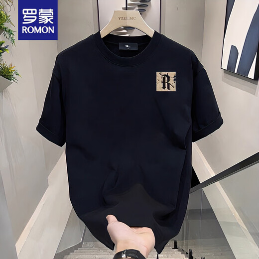罗蒙（ROMON）2025夏新款短袖t恤男潮流男装衣服宽松休闲印花体恤半袖黑色 V753黑色 5XL