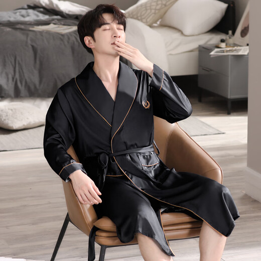 
Modal nightgown men's summer thin ice silk pajamas men's long yukata bathrobe one-piece large size loose home clothes spring and autumn dark black [ice silk breathable, delicate and smooth] XL [recommended 130-150Jin [Jin equals 0.5 kg]]