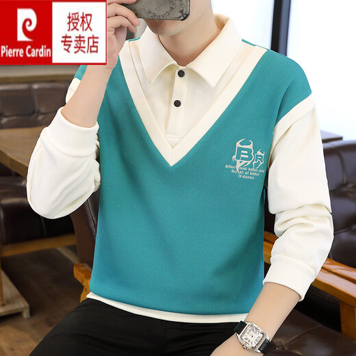 Pierre Cardin Shirt Collar Sweathirt Men de printemps et d'automne deux pièces épissées T-shirt à manches longues décontractées