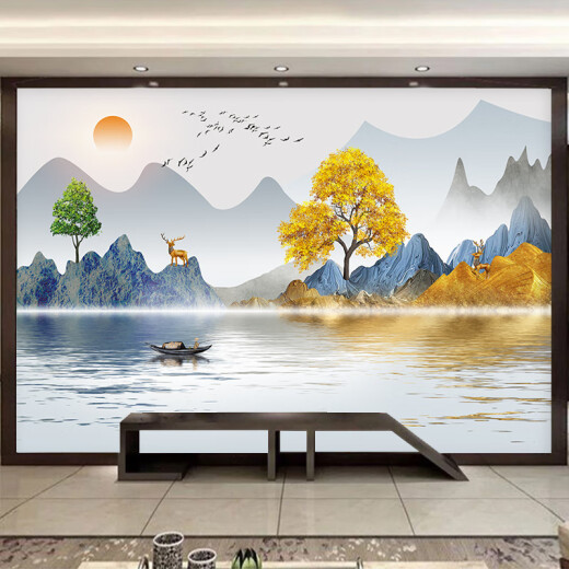 山头林村新中式山水画墙纸自粘麋鹿风景画贴画墙贴客厅沙发背景墙装饰壁画 QT-679 超大宽00*高00-张拼接