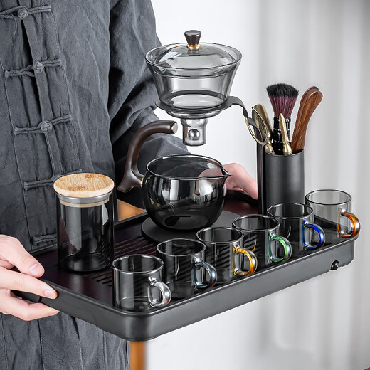 Zhengyang lazy glass automatic tea set set household complete set of magnetic tea making artifacts heat-resistant iron easy brewing rack simple and modern ash wrought iron pavilion/songlu + 6 cups + cup holder