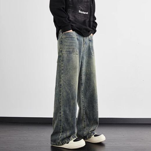 Yiran jeans men's straight-leg autumn and winter new American high street retro loose casual wide-leg lightning pattern trendy pants for men blue XL recommended 120-140Jin Jin equals 0.5 kg