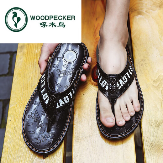 
Woodpecker brand flip flops men 2022 summer men's slippers genuine leather sandals trendy non-slip outdoor sandals outside the beach 16886 black and red 38