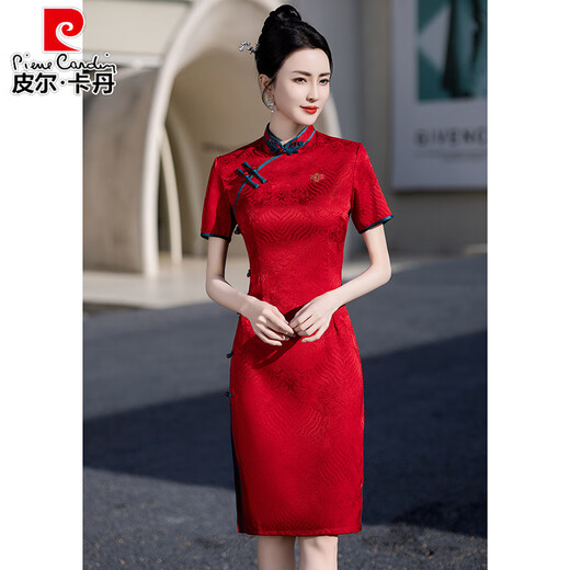 皮尔卡丹红色旗开得胜旗袍夏季新款2025高考送考年轻款妈妈日常可穿连衣裙 679绿色大花扣 S