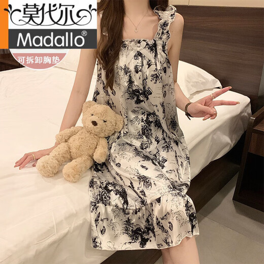 莫代尔睡裙女夏自带胸垫桑蚕丝凉感吊带睡衣夏天女士甜美可爱家居服春秋 3887【不可拆胸垫】 M 【75-100斤】