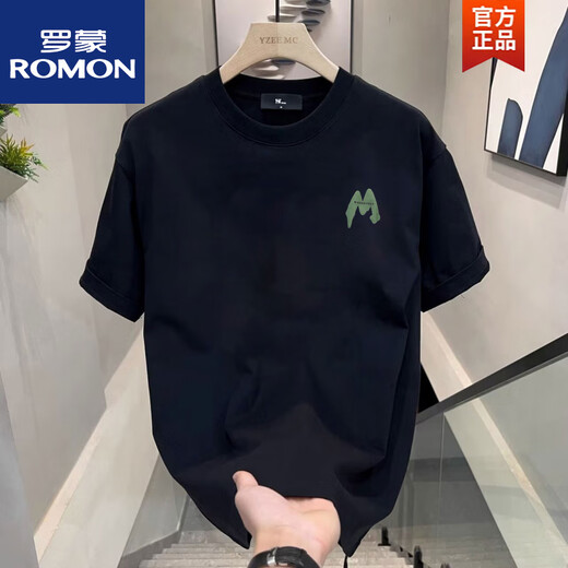 ROMON (ROMON) 2024 casual men's short-sleeved pin T-shirt summer half-sleeved cotton trendy brand loose versatile top T V983 black L