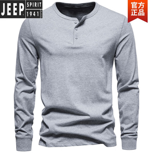 JEEP SPIRIT Henley shirt men's spring and autumn heavyweight t-shirt pure long-sleeved Henley collar quality cotton men's business bottoming shirt slim fit top light gray 3XL