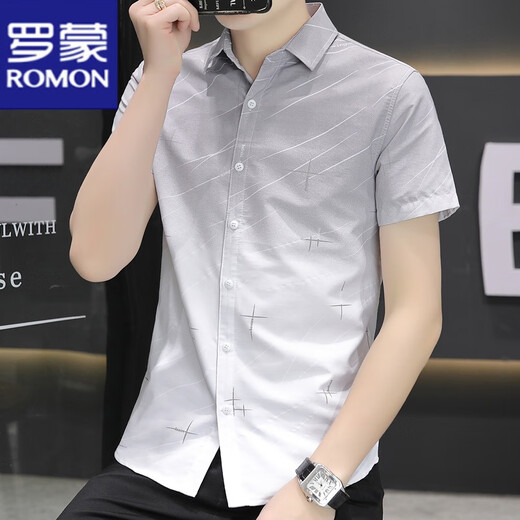 
ROMON men's ice silk short-sleeved shirt summer ultra-thin gradient color casual shirt half-sleeved square neck inch shirt versatile and handsome 844 khaki 2XL