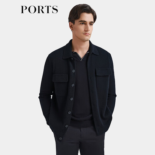 PORTS men's clothing 2025 spring and summer new wool cashmere blended soft and warm jacket knitted cardigan black S