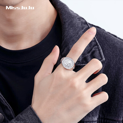Miss JuJu pt950 Platinum Yellow God of Wealth Ring Men's Platinum National Style Ring Atmosphere Wide Version Live Mouth Adjustable Plate Ring Weight 17.8-18.0 Grams (Live Mouth Adjustable)