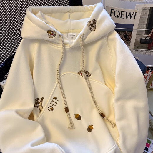 LDBE design embroidered squirrel hooded sweatshirt for women 2025 new velvet thickening loose lazy style spring coat trend apricot autumn and winter velvet M 80-105Jin Jin is equal to 0.5 kg