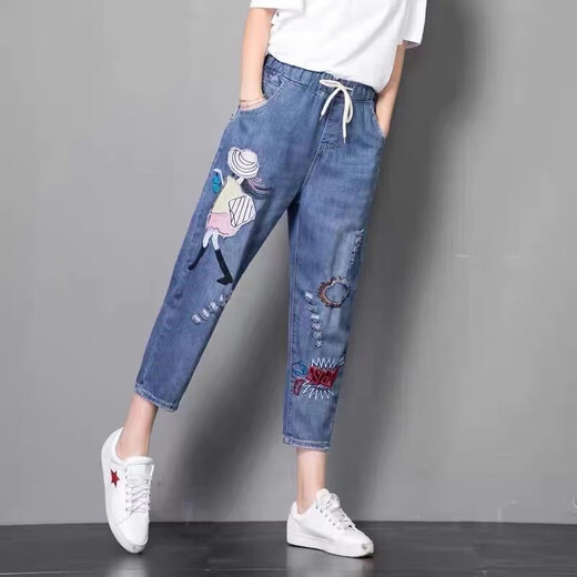 索宛亦（SUOWANYI）2025新款牛仔裤女夏九分裤松紧高腰宽松大码刺绣胖mm破洞哈伦裤女 9905#小鸟九分裤 31 130-140斤