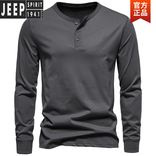 JEEP SPIRIT Henley shirt men's spring and autumn heavyweight t-shirt pure long-sleeved Henley collar quality cotton men's business bottoming shirt slim fit top light gray 3XL