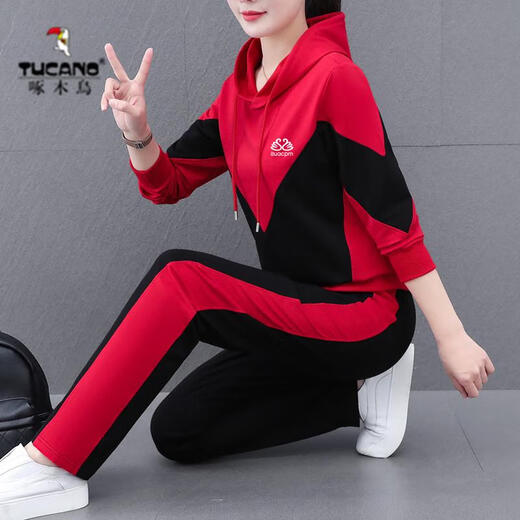 啄木鸟品牌运动服套装女春秋新款中青年大码宽松卫衣外套休闲两件套潮 9196红色 M建议75-98