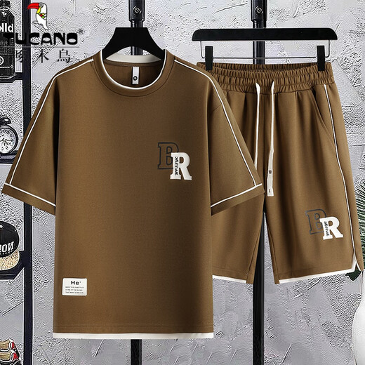 
Woodpecker (TUCANO) ice silk t-shirt men casual sports suit summer letter printing half-sleeved men teen short-sleeved shorts two-piece set T K1301 black [top + pants] M
