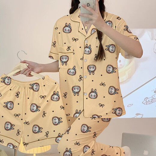 Catman 2025 new cartoon cute short-sleeved pajamas three-piece set can be worn outside 14126#Rabubu short-sleeved + shorts + trousers XL 110-130Jin Jin equals 0.5 kg