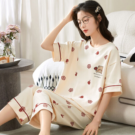 睡衣女士夏季纯棉薄款可爱短袖七分裤大码春秋两件套装学生家居服 翠绿色 短袖七分裤-L6623 M 女【80-100斤】
