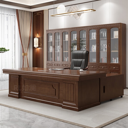 Rulan all solid wood boss desk desk president desk simple modern executive desk Chinese style office desk and chair combination boss desk + long and short auxiliary cabinets all solid wood 2.0 meters