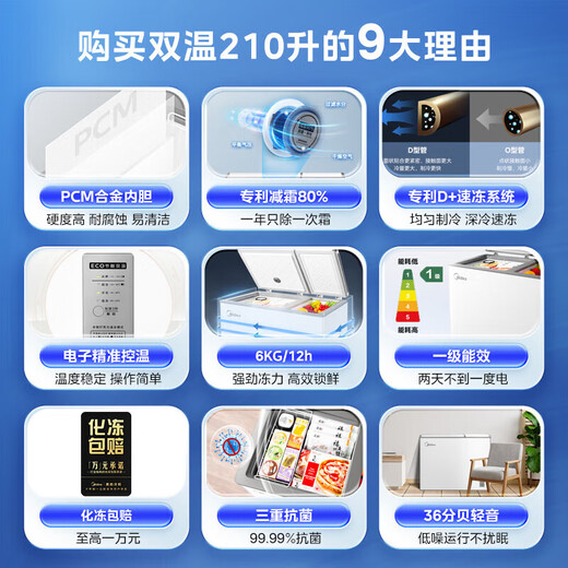 Midea Midea Freezer 210 liters for both home and business use, refrigerated and frozen dual-temperature double-box freezer, first-class energy efficiency electronic temperature control, white 210L BCD-210DKEM(E) 210 liters