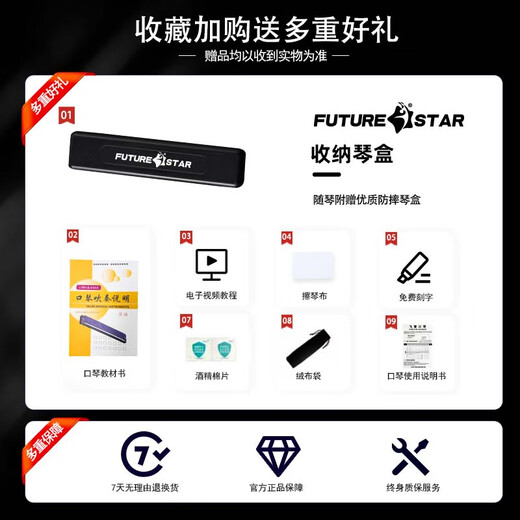 FUTURE STAR（未来之星）24孔复音C调口琴初学儿童学生吹奏入门级乐器 幽邃黑（复音C调+教材大礼包） 无规格