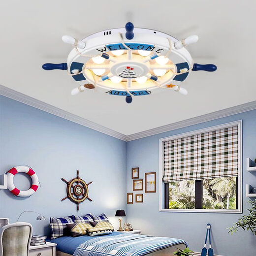 Shantou Lincun Plafonnier pour chambre d'enfant dans la chambre d'un bateau de pirate, lampe de gouvernail de style méditerranéen, lampe de chambre à coucher de dessin animé de célébrité sur Internet, bleu et blanc, ensemble complet de gradation en continu + télécommande