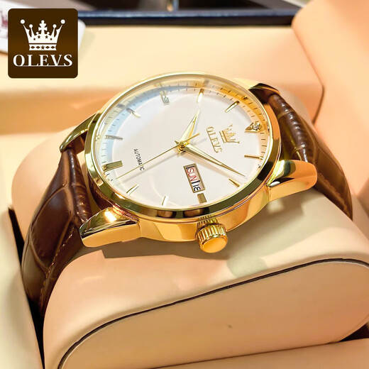 
OLEVS Swiss certified couple watches pair of trendy casual simple men and women belt watch luminous waterproof watch calendar [mechanical model] 6629-brown leather full gold and white men