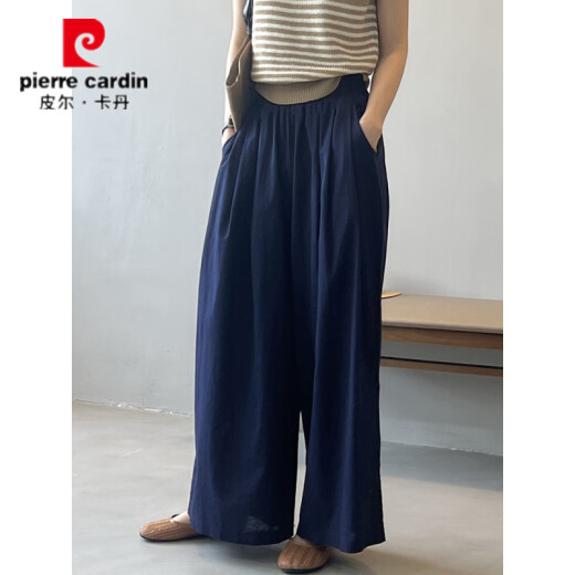 皮尔卡丹韩系亚麻直筒阔腿裤女  春夏松紧腰大裤摆休闲长裤子 9737 黄色 M