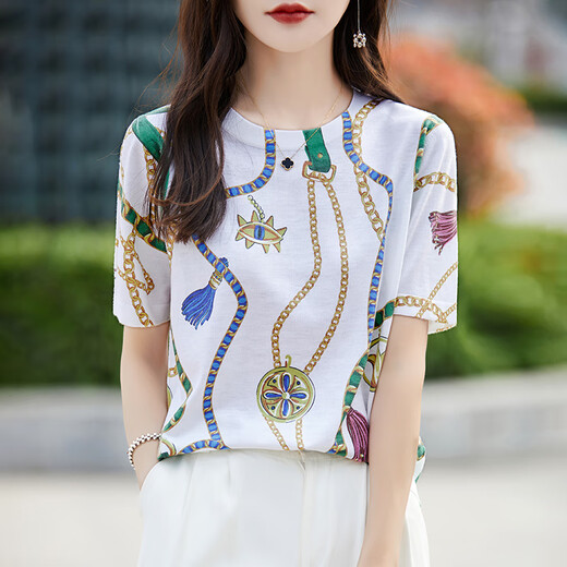 HMRSV桑蚕丝短袖T恤女2025夏季新款休闲时尚设计感凉感马家印花上衣潮 链条印花834 XL