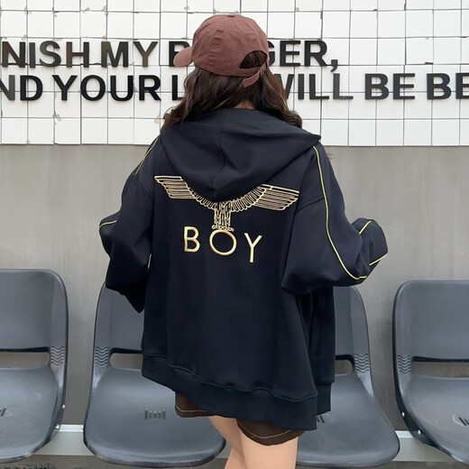 BOY trendy brand boy spring and autumn new hooded cardigan sweatshirt jacket classic gold embroidered eagle cardigan for men and women black XS (90-130Jin Jin equals 0.5 kg)