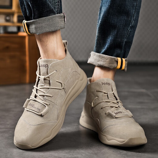 Jeep men's shoes 2025 new spring high-top shoes for men's sports warm casual shoes for men's leather Martin boots sand color (recommended by the store manager) 38 [Recommended to take a small size]