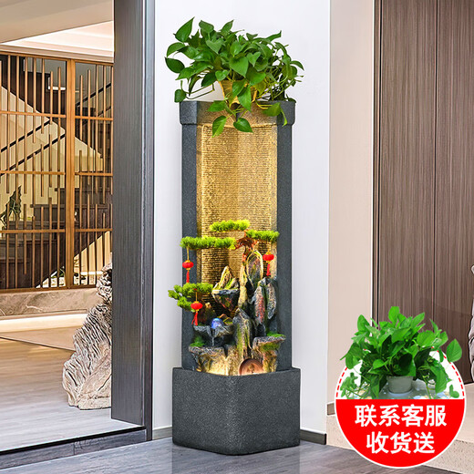 Hougu Decoration Home Rockery, Fish Pond, Waterfall and Flowing Water Ornaments Floor-to-ceiling Living Room Office Feng Shui Lucky Circular Water Curtain Wall Opening Gift Fresh and Elegant Green Plants