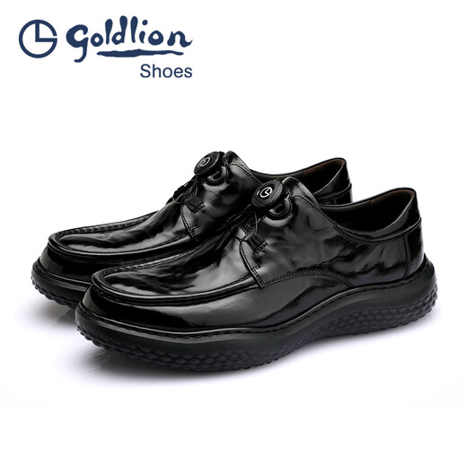 Goldlion Men's Shoes 2025 Spring New Men's Formal Leather Shoes Round Toe Knob Buckle Hand Scratch Pattern Thick Sole Business Casual Shoes Black 42