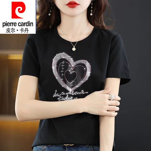 皮尔卡丹（pierre cardin）纯棉短袖t恤女大1码夏装新款时尚烫钻圆领半袖上衣黑色镶钻打底衫 圆领-连环爱心钻-黑色短袖 3524 2XL 适合135-165斤