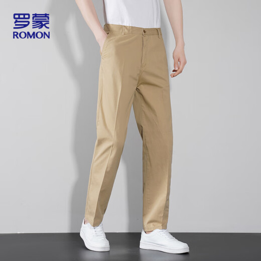 罗蒙（ROMON）休闲裤男纯棉夏季裤子男士休闲直筒男裤商务男装ZH302卡其色32