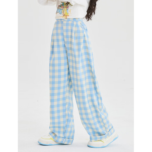 
I.KARNOW girls' wide-leg pants summer and autumn 2025 new style girls' big children's clothing fashionable blue plaid pants children's casual straight pants 15266 blue pants 160