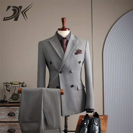 DK high-end men's lapel suit suit men's double-breasted jacket formal business casual small suit two-piece light brown (suit + trousers) M (100-110Jin Jin equals 0.5 kg)