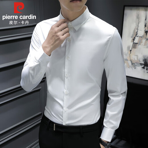 Pierre Cardin Langarm Shirt Männer Frühlingshemd Männer Solid Color Business Casual Gentleman Top Männer weiß XL