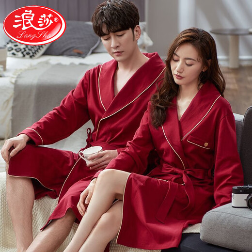 
LangSha couple's nightgown spring and autumn style wedding bride's bathrobe morning robe men and women wedding festive big red large size pajamas home clothes GHJ16834 L men's style