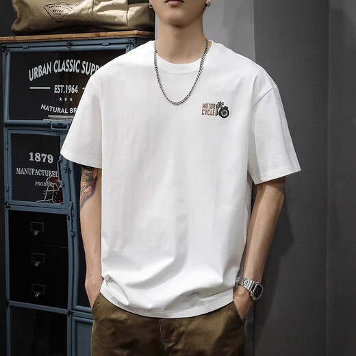ROMON Summer Pure Cotton Short Sleeve Men 2025 Trendy New T-shirt Men Loose Large Size Top Men American Heavy Men's T-shirt HST1518 Light Coffee T-shirt XL Size Recommended Weight 145-160Jin [Jin equals 0.5 kg]