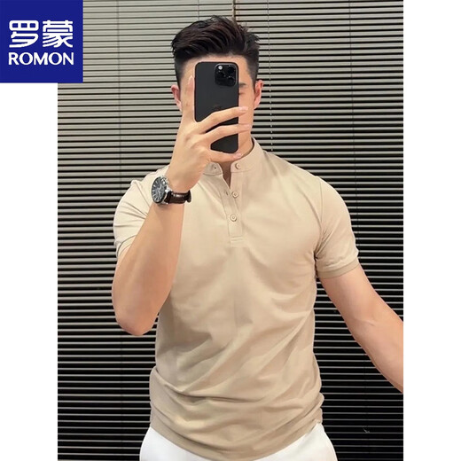 罗蒙（ROMON）品质商务半袖男士polo.衫年轻款夏季重磅蓝色亨利领短袖T恤 蓝色【高质量】 型男 L (适合)115-130斤
