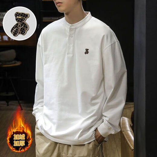 Yingtang Autumn Henry Collar Long Sleeve T-Shirt Men's Plus Velvet Large Size POLO Bottoming Shirt Spring and Autumn Men's Sweater White Autumn Style Regular M Recommendation-115Jin Jin is equal to 0.5kg
