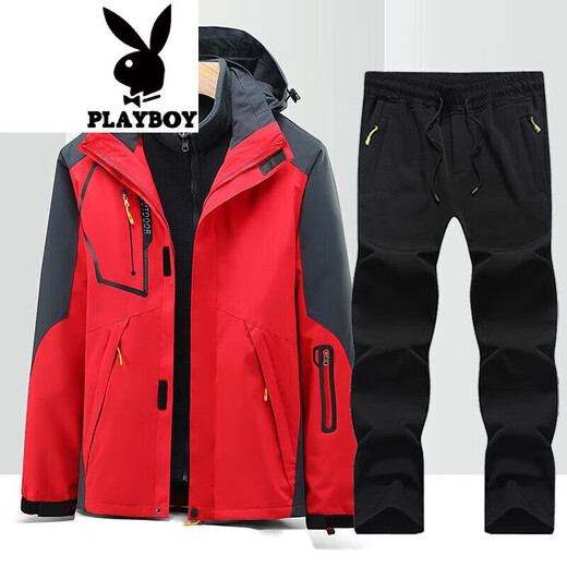 花花公子（PLAYBOY）夹克外套男秋冬季防风冲锋款衣裤套装男三合一两件套登山服 MK-1203黑色+8369黑色 XL 建议140-160斤