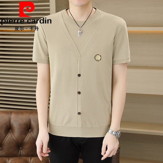 Pierre Cardin Summer Ice Seide Strick gefälschte zweiteilige kurzärmelige T-Shirt-T-Shirt-Korean-Stil-Slim und Kühl und dünn halbärmelig T-Shirt Top 6626 Khaki L 110-125 Jin [Jin gleich 0,5 kg]
