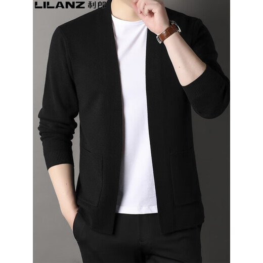 Lilang Cardigan Herren Strick-Strickjacke im Frühling und Herbst Neuen Stil mittleren und jungen Menschen mit modischer und vielseitiger purer Pulloverjacke schwarzer HPL-A32321 XL 175