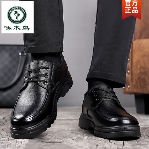 Holzspecker Echtes Männerzehenschicht Cowide Echtes Leder weicher Sohle Runde Zehen Business Arbeit lässig Lederschuhe Herren Non-Rutsch-Vaters Schuhe 6627 Black 38