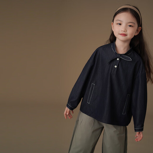 Haqi children's clothing children's denim shirt spring and autumn thin simple casual top girls spring clothing 25 new design sense dark denim blue 170