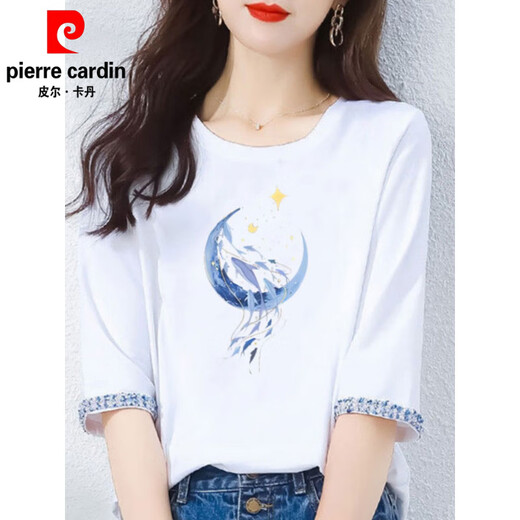 皮尔卡丹（pierre cardin）2025新款春秋纯·棉七分袖t恤女士中袖宽松设计感青春短袖夏季上 1XS328白色+W6172冰蓝 M (建议80-105斤)
